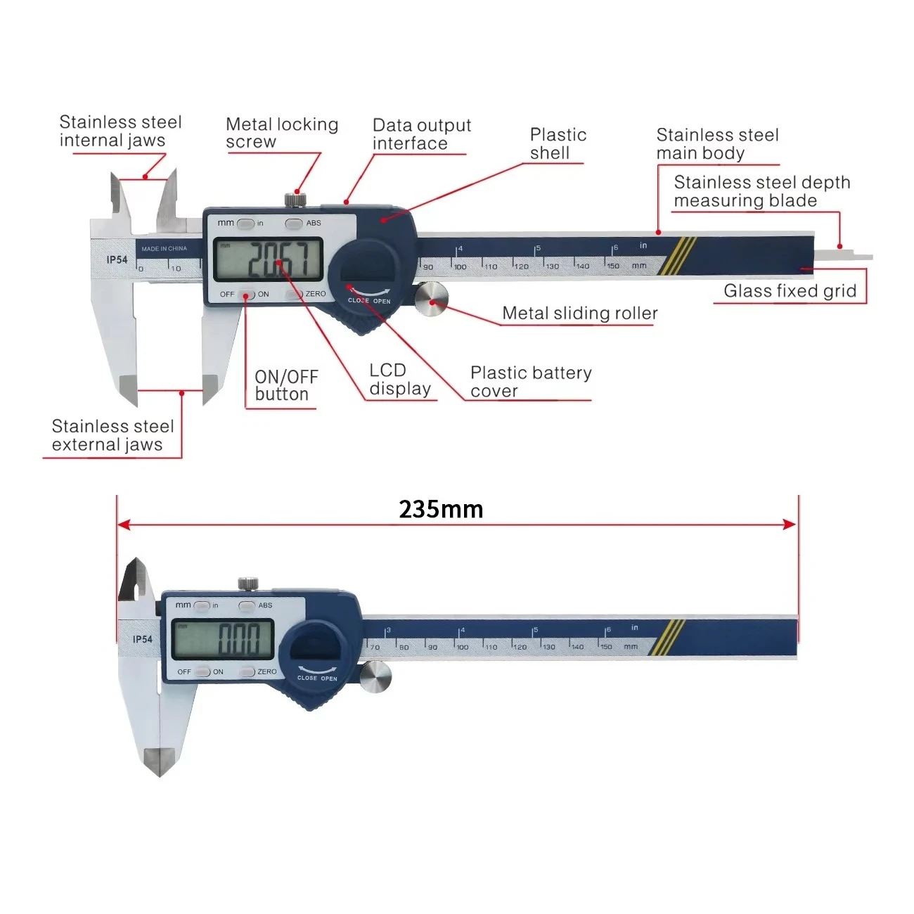 IP54 0-150mm Digital Vernier Caliper with Big LCD Screen Stainless Steel Electronic Vernier Caliper