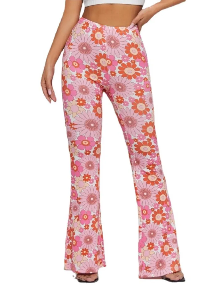 Casual High Waisted Elastic Waisted Pants Woman's Spring Autumn Fashion Streetwear Floral Print Trousers Lady  Sexy Flared Pants