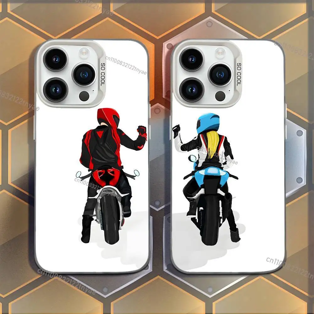 

Couple Motorcycle Rider Phone Case For iPhone 17,16,15,14,13,12,11,Mini,Pro,E,MAX White Candy Matte Shockproof Cover
