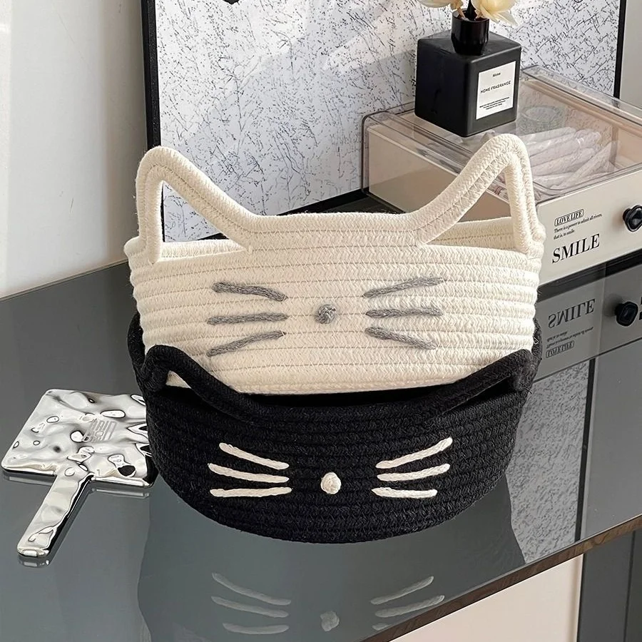 Cartoon Cat Hand Woven Storage Basket With Ears Kids Toys Sundries Laundry Desktop Organizer Box Space-Saving Decorative Bins