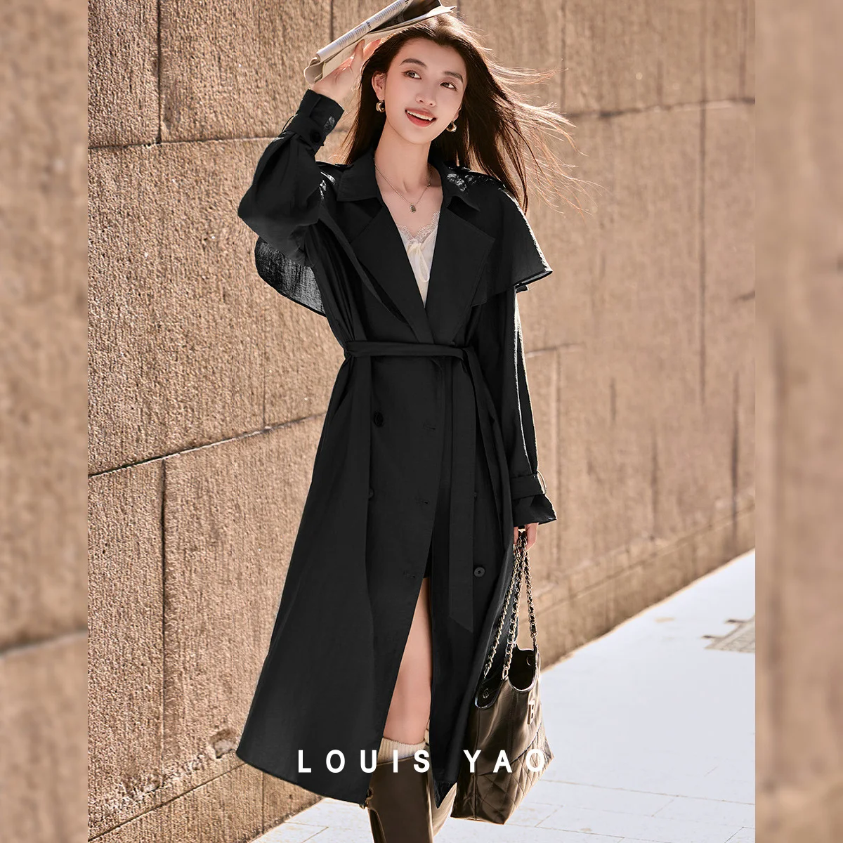 LOUIS YAO Women's Trench Coat 2026 Autumn Solid Color Loose Long-Sleeve Shawl Collar Outerwear Casual Windbreaker