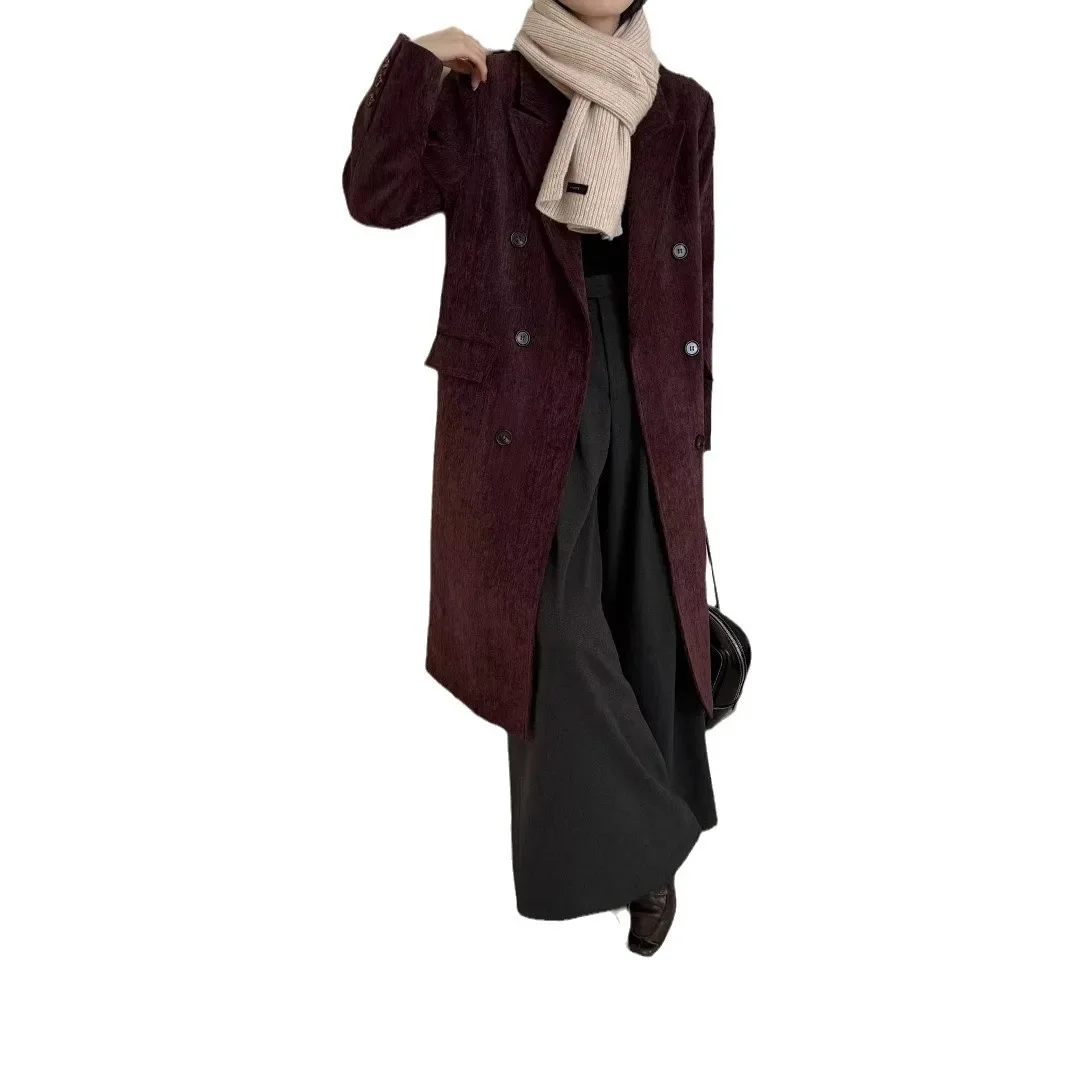 SuperAen Korea Suit Collar Burgundy Cotton Vertical Fashion Long Trench Coat for Women