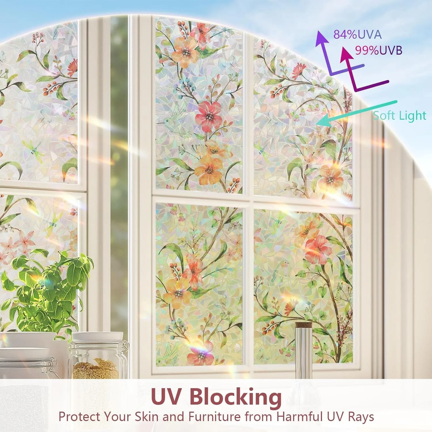 Floral Galsang Flower Window Privacy Film Rainbow Static Cling Vinyl Decal No Glue Anti UV Heat Insulation for Home Glass Doors