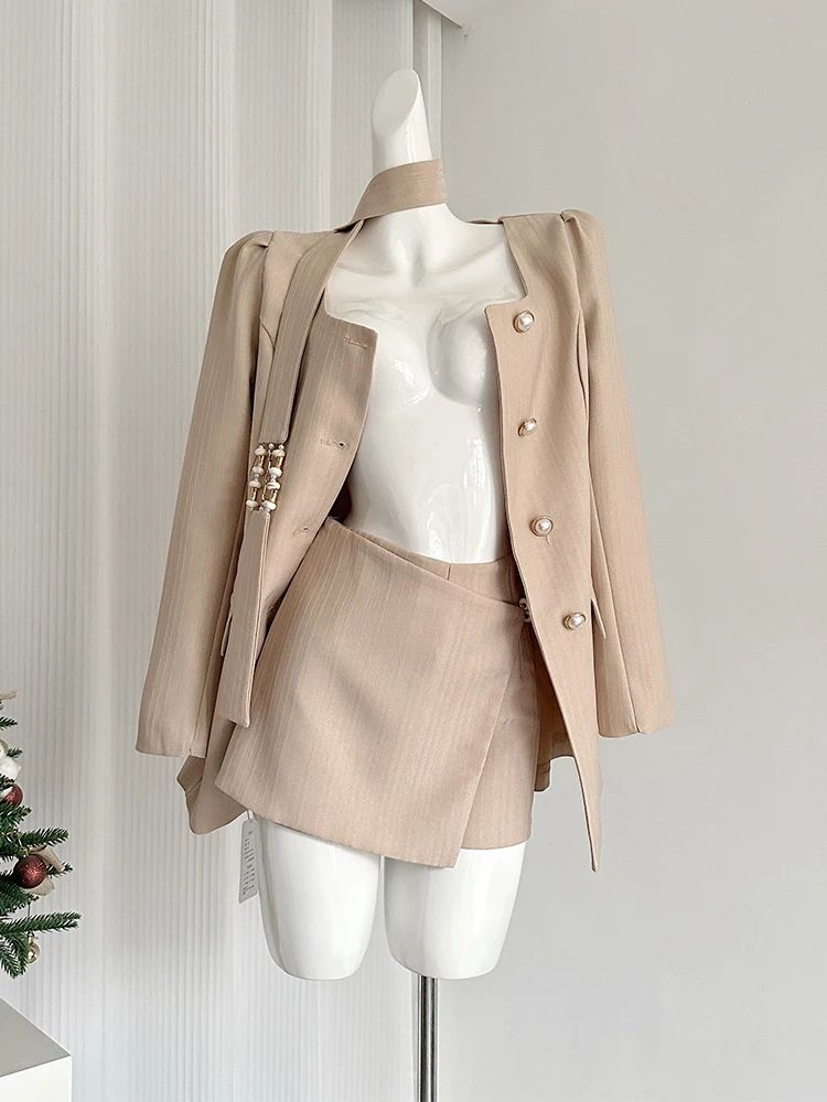 Women\'s Two Piece Suit Vintage A-Line Mini Skirt and Long Sleeve Coat Harajuku Y2k Office Ladies Khaki Skirt Sets 2000s Clothes