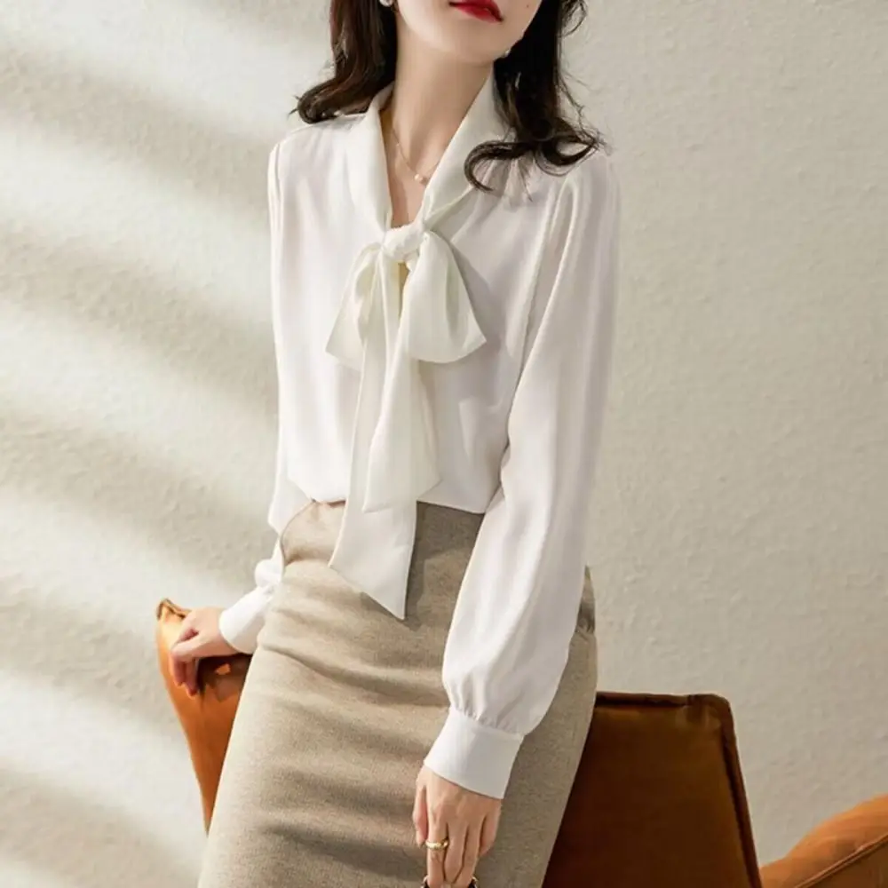 

Elegant Riband Women Blouse Chiffon Slim Fit Office Lady Blouse Solid Color Long Sleeves Shirt