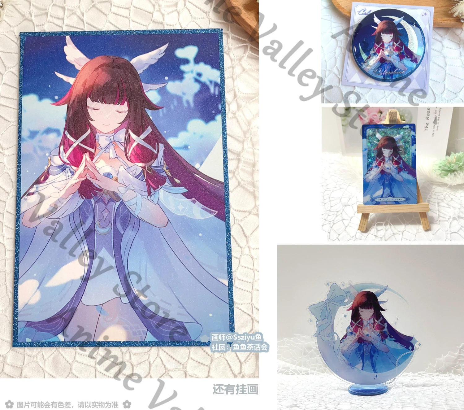 

Anime Genshin Impact Columbina/Damselette Cosplay Cartoon Acrylic Figure Stand Badge Hang Picture Quicksand Card Brick Gift