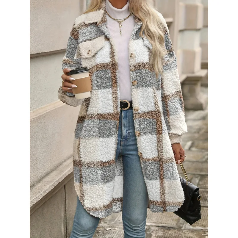 

Women Long Plaid Fleece Sweatshirt Coat Autumn Winter Turn Down Collar Long Sleeve Pocket Button Loose Flurry X-Long Trench Coat