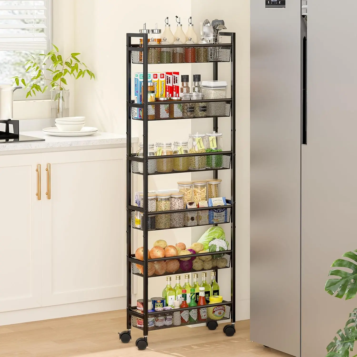 

6 Tier Slim Storage Cart Narrow Cart with Wheels Metal Mobile Shelving Unit Organizer for Kitchen Bathroom Laundry Room Living
