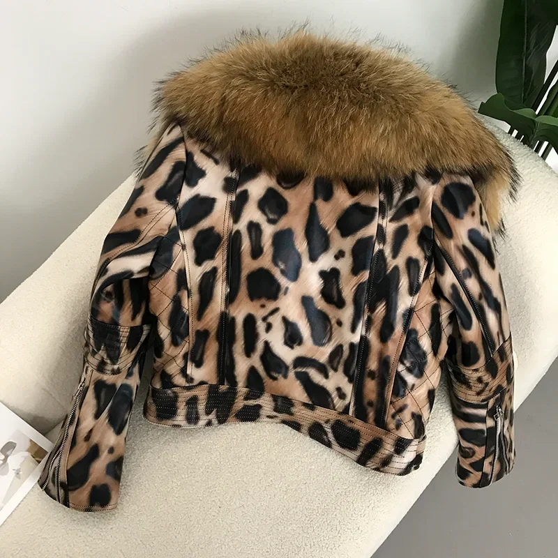 CXFS 2023 Genuine Leather Luxury Winter Women Short Brand Women Sheepskin Leopard Print Motorcycle Jacket Big Fur Collar Slim