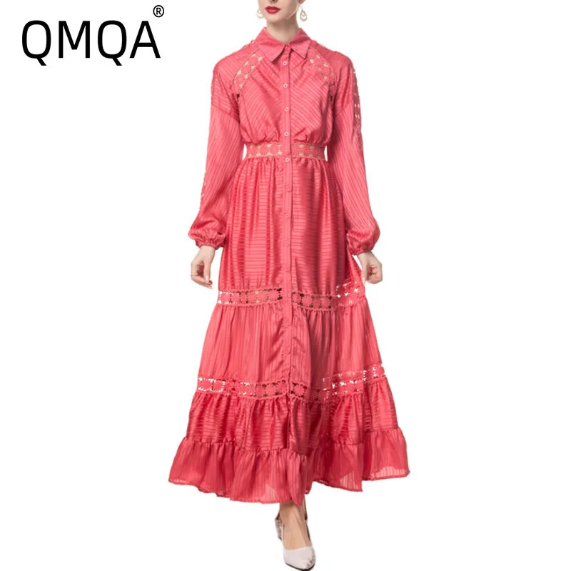 

QMQA Fashion Women's Elegant Dress Hollow Out High Waist Long Sleeves Single Breasted Solid Color Dresses 2025 Spring New QM246