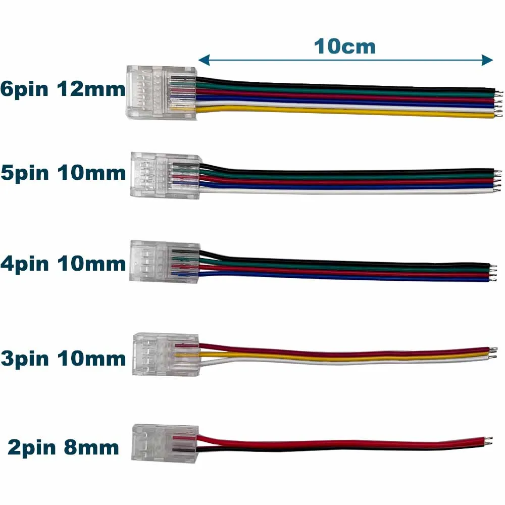 2Pin 3Pin 4Pin 5Pin 6Pin Led Strip to Wire Extension Cable Terminal Connector Transparent Solderless Easy Install 8mm 10mm 12mm