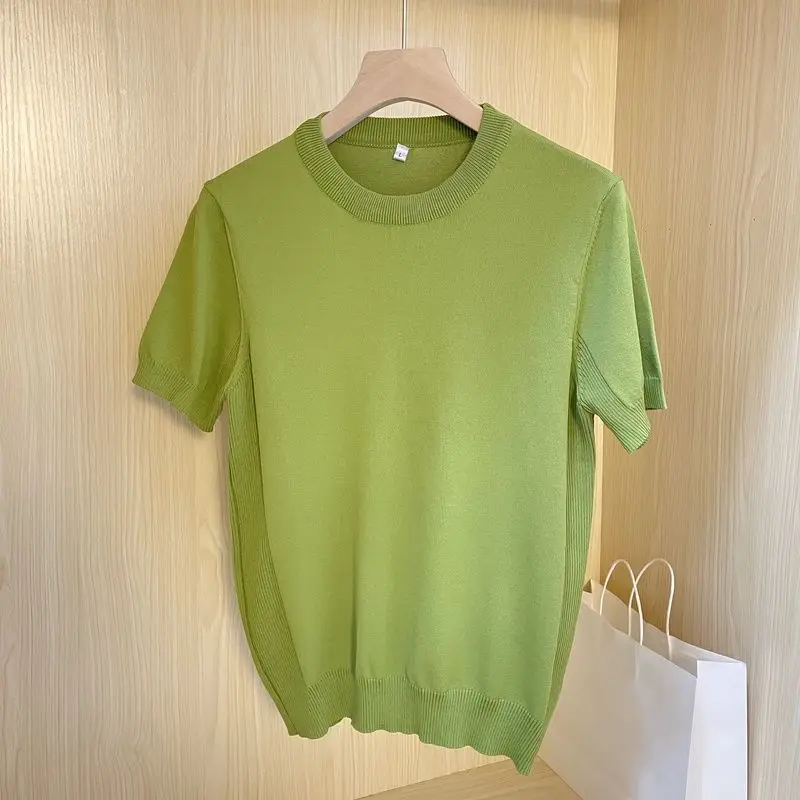 

Men's Knitted ort Sve T-irt Ice Silk Slim Fit round Ne Faionable New Sle 2023 Belly Covering High End Color