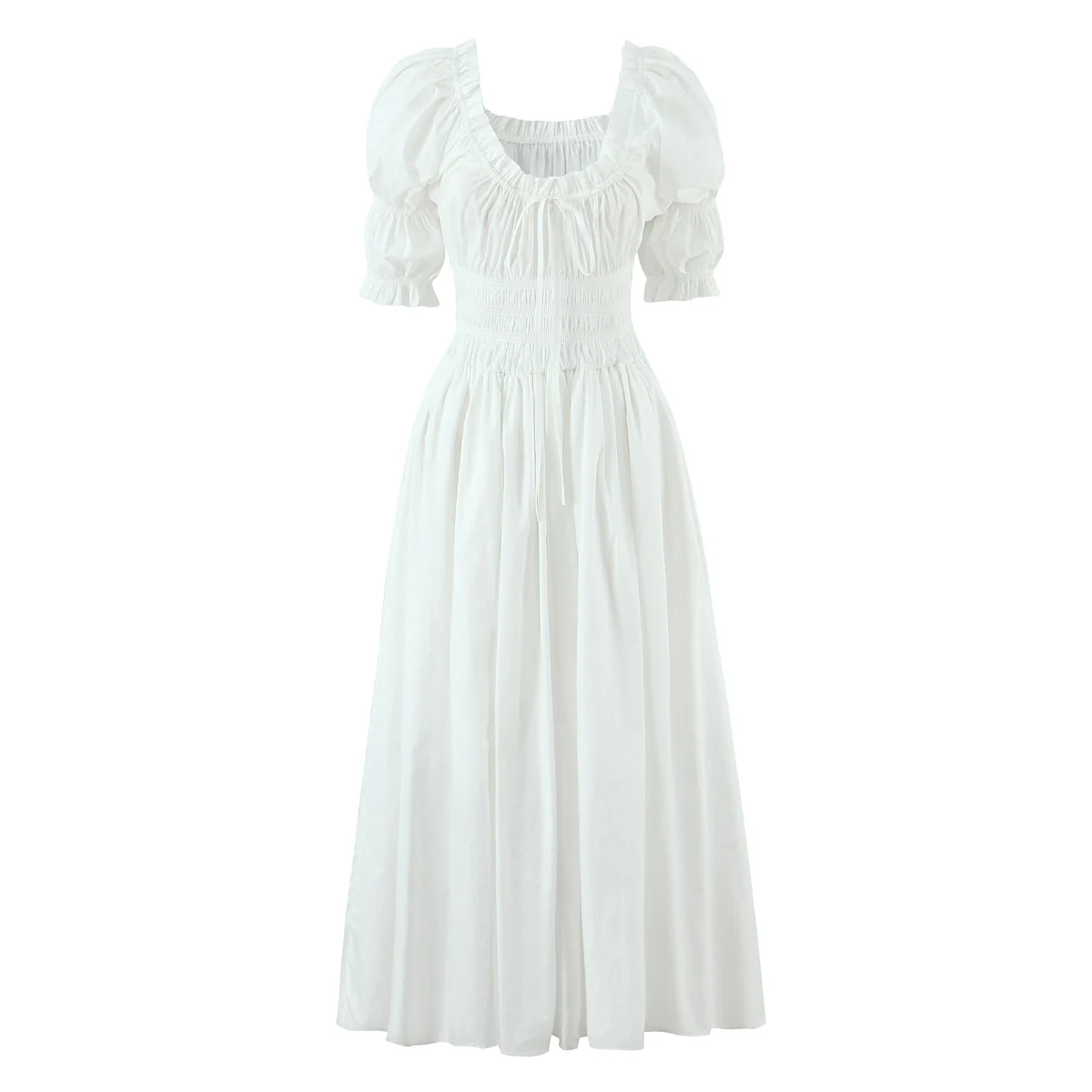 BOHO Houten oren Ruches Borst Boog U kraag Bladerdeeg Mouw Jurk Elastische Hoge Taille Geplooide Swing Midi Lange Jurken Vakantie Vestidos