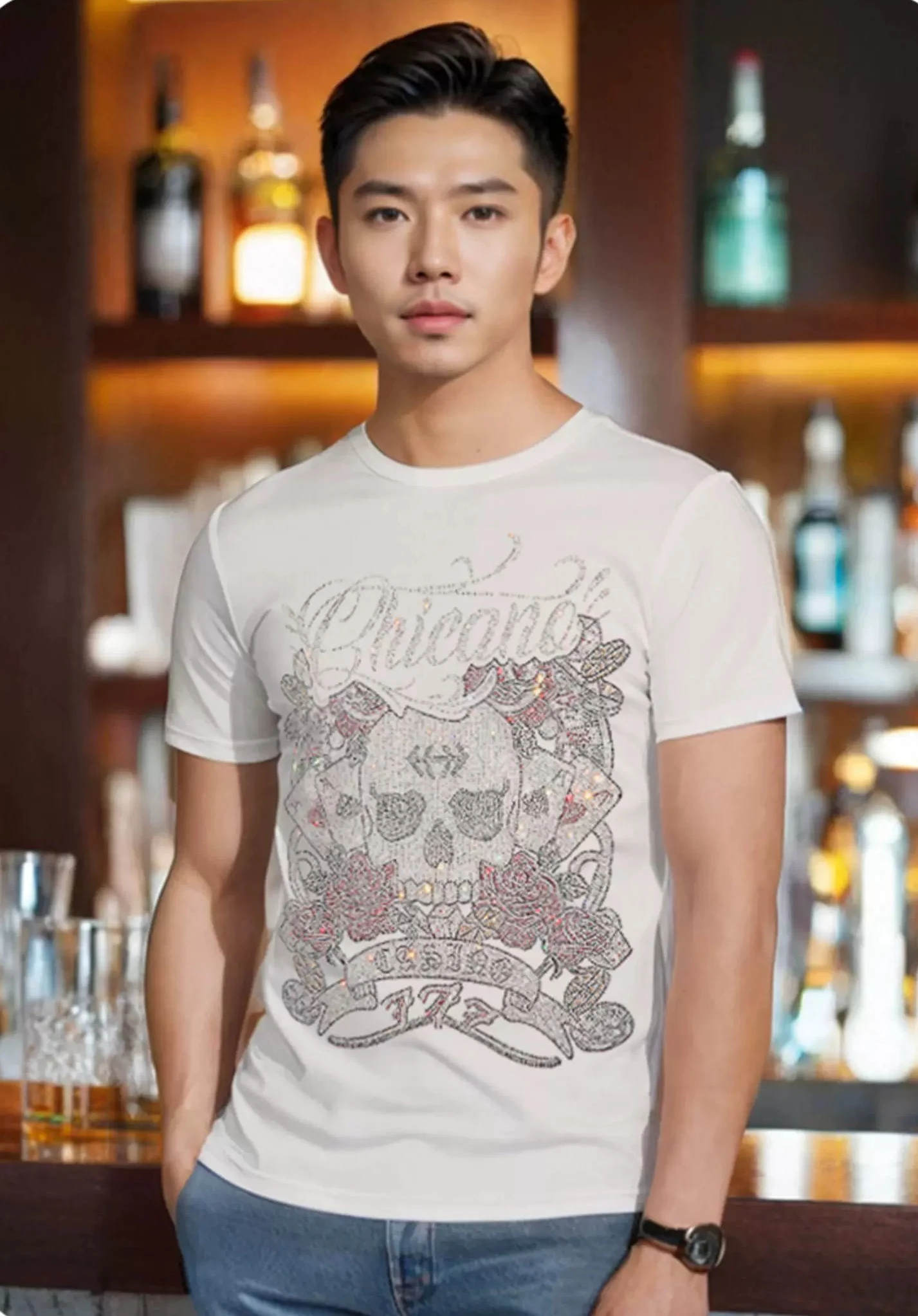 2026 Summer New Men Shiny Skull Rose Rhinestone Print Black White Streetwear Round Neck Short Sleeve Casual T-Shirt