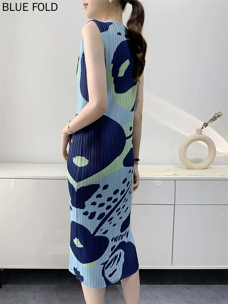 Miyake Pleated Dress Women's  Summer New Digital Printing Vest Pleats Long Dresses Ropa Mujer Korean Dress Vestidos Robe