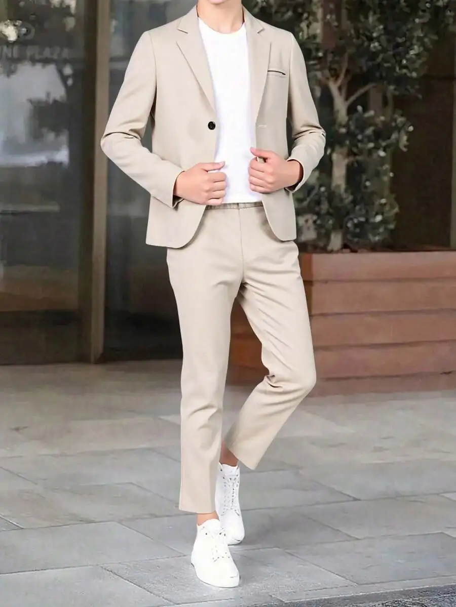 

2-Piece Beige Casual Blazer Set for Boys, Slim Fit Jacket & Elastic Waist Pants, Summer Formal Wear