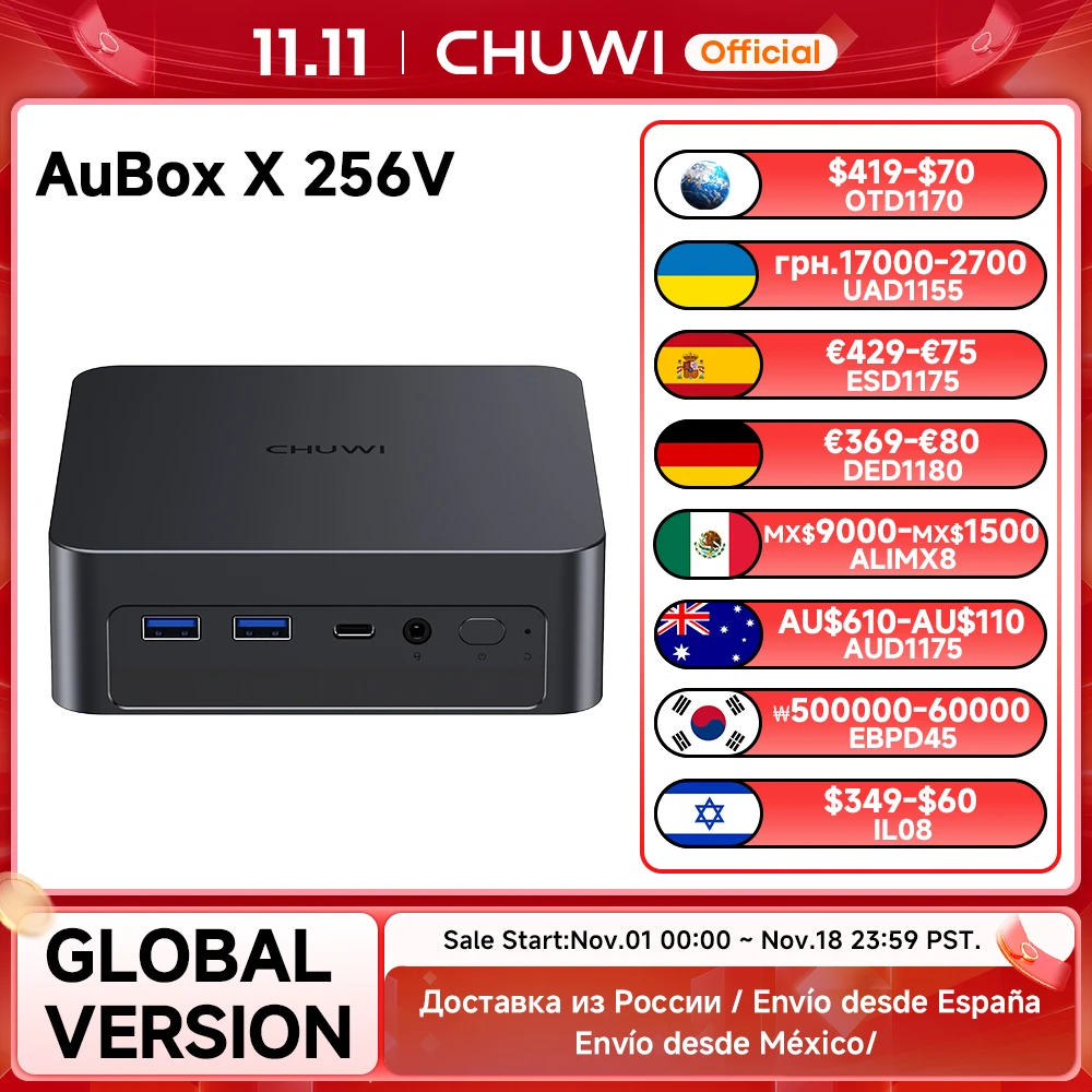 CHUWI AuBox X 미니 PC 8코어 Ultra 7 256V 16GB LPDDR5X 1TB SSD 윈도우 11 프로 WiFi 6 BT 5.2 확장 M.2 1T*2 데스크탑 컴퓨터