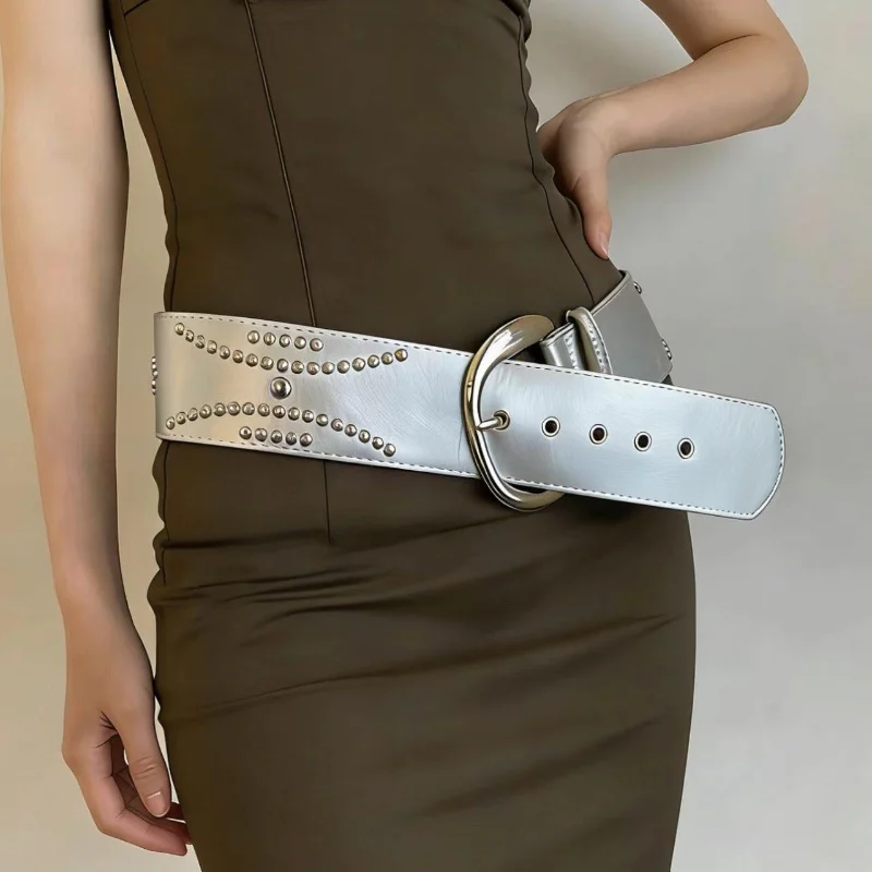 Heavy Industry Rivet Wide Belt Female Niche Personalized Design Belt Accessories Waist Collection Dress Pants Belt Waist Cover