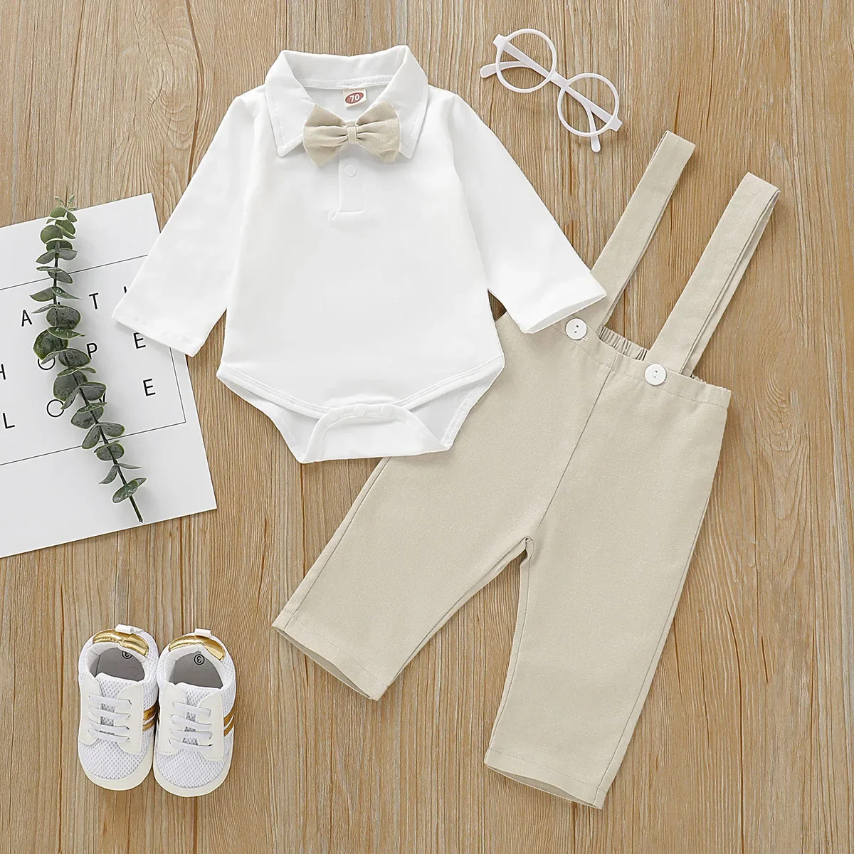 3PCS Newborn Boy Gentlemen Clothes Set Long Sleeves Cotton Romper+Suspender Pants+Bowtie Wedding Party Wear for Baby 0-12Months