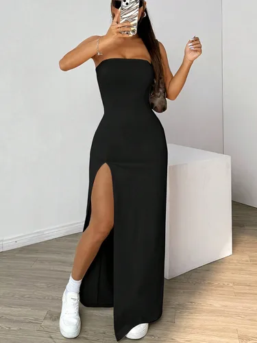 Elegante vestido largo básico sencillo de color liso con abertura tipo camisola sin tirantes para mujer, ideal para ocasiones informales y semiformales