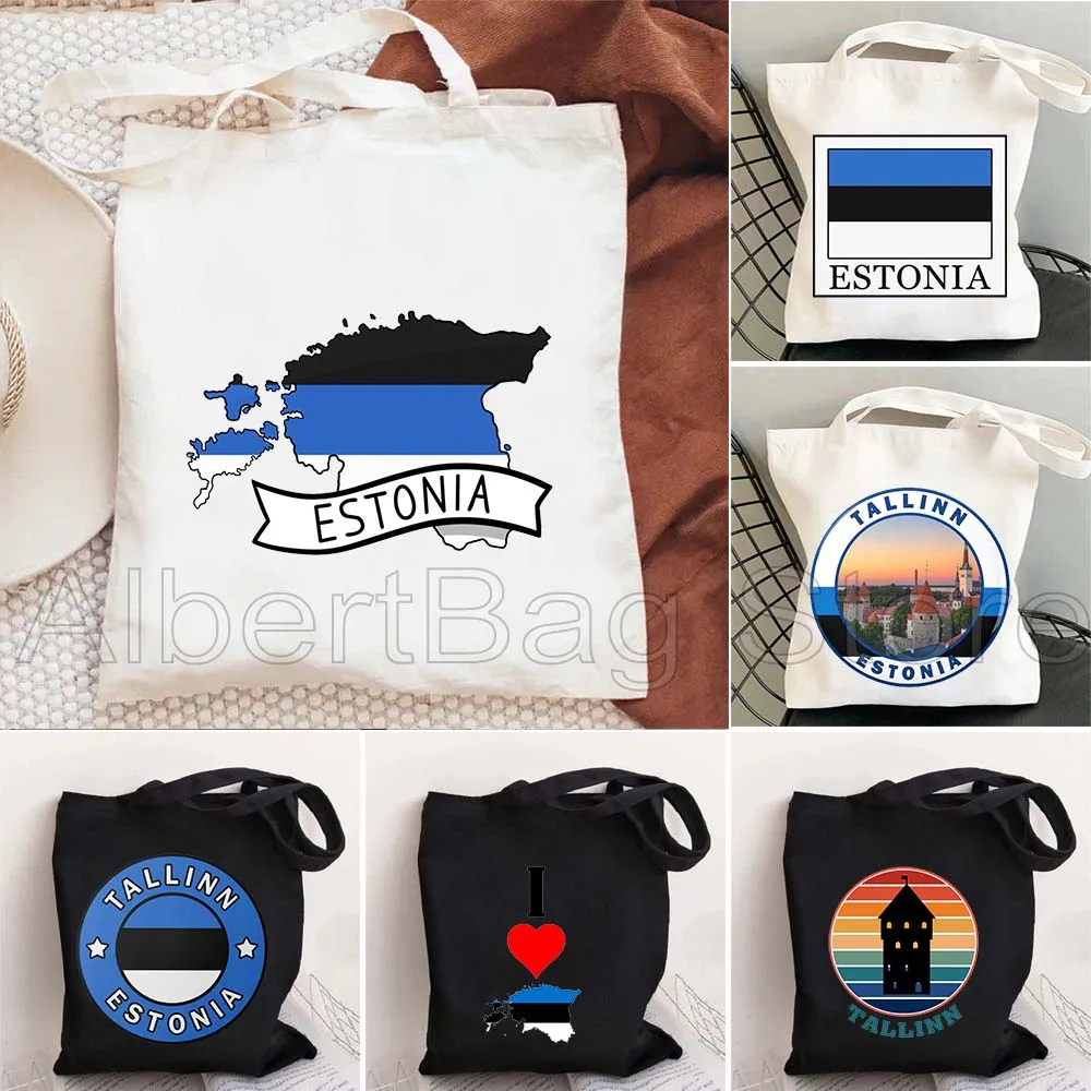 

Tallinn Estonia Heart Country Flag Map Estonian Gifts Cute Canvas Tote Bag Casual Shopper Womens Handbag Reusable Grocery Bag