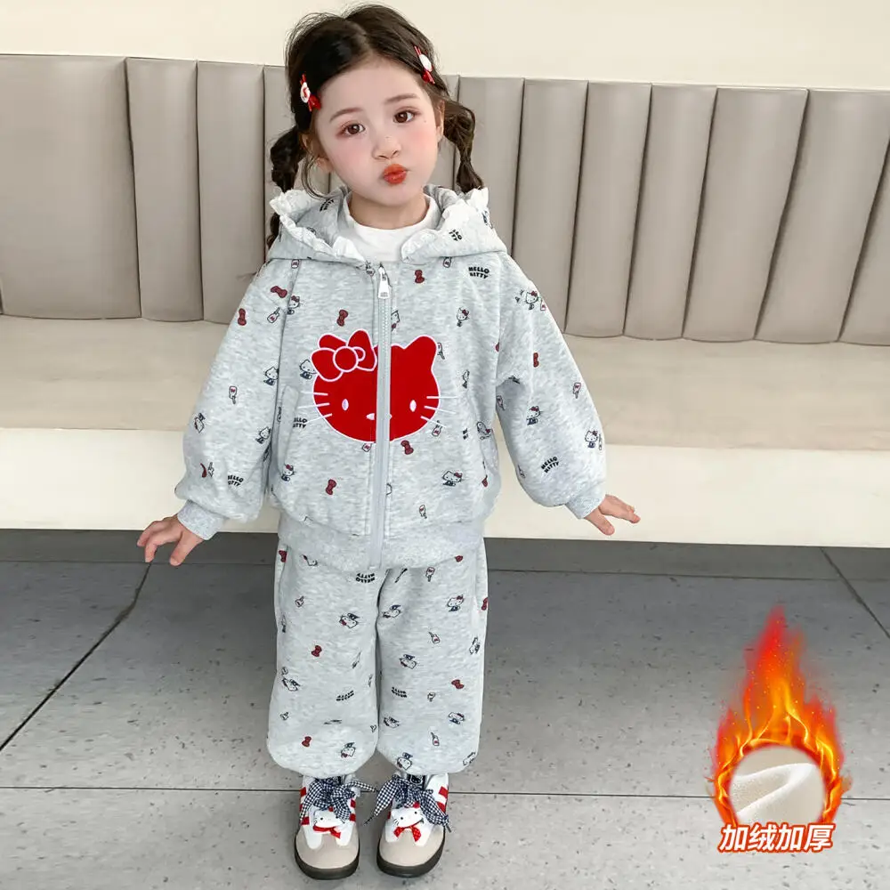 

Sanrio Hellokitty Girls' Fleece Suit Autumn Winter 2025 New Style Children's Sports Hooded Sweatshirt Pants Winter Two Piece Set