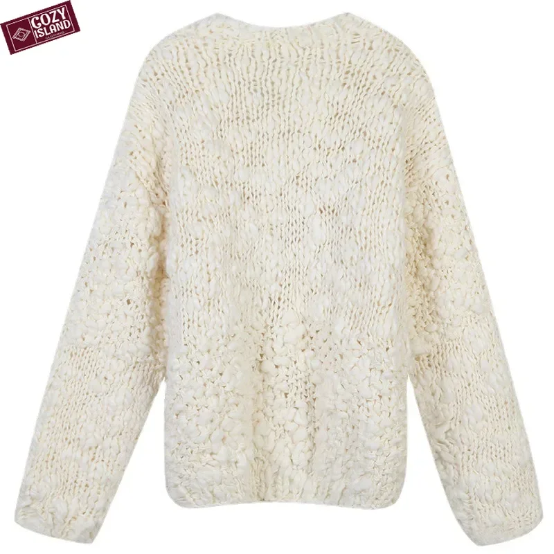Autumn Winter Pullovers Knitted Sweater V-neck Women Crochet Pattern Sweet Gentle Loose Tops Jumpers Clothing Flowers Knitting