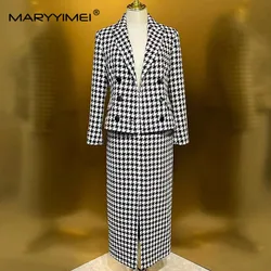 MARYYIMEI Autumn Winter Women's Suit Notched Double-Breasted Long-Sleeved Tops+Split Straight Skirt Cotton 2 piece set