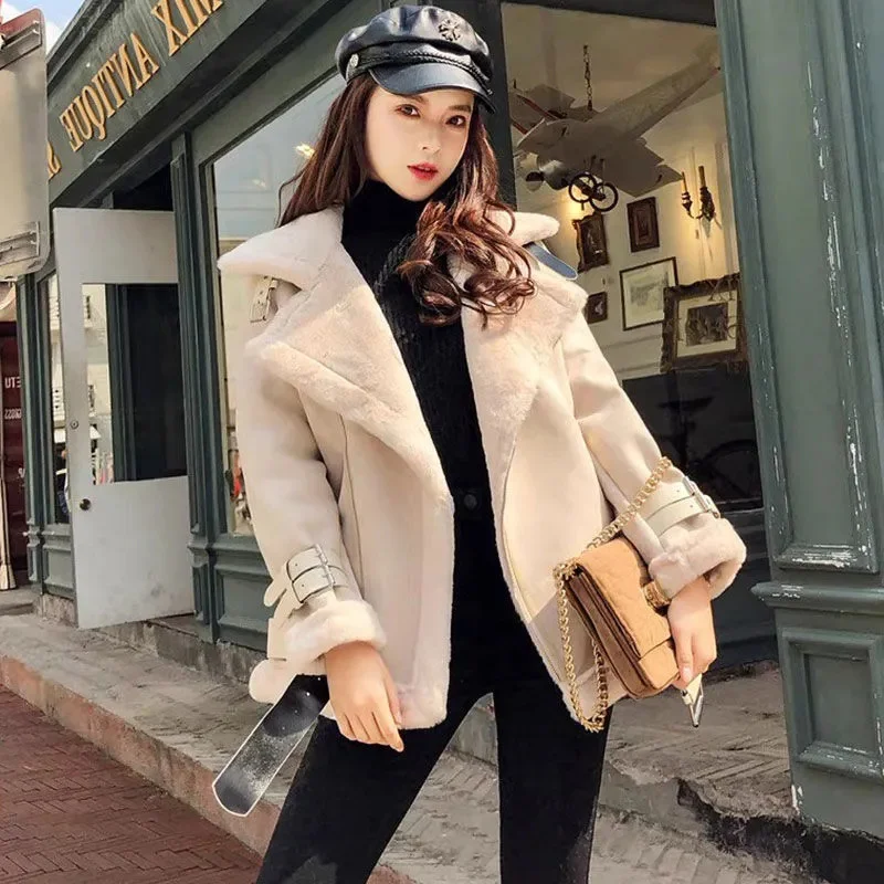 Lamb Fur Coat Female New Fall/Winter Loose Versatile Fur Coats Women Add Velvet And thickened Motorcycle Clothing Jacket