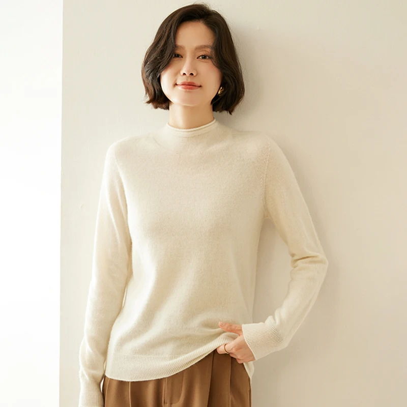 Autunno Inverno Nuove donne lavorate a maglia maglione di cashmere 100% colore puro collo mezzo alto camicia con fondo allentato pullover casual con bordo arrotolato
