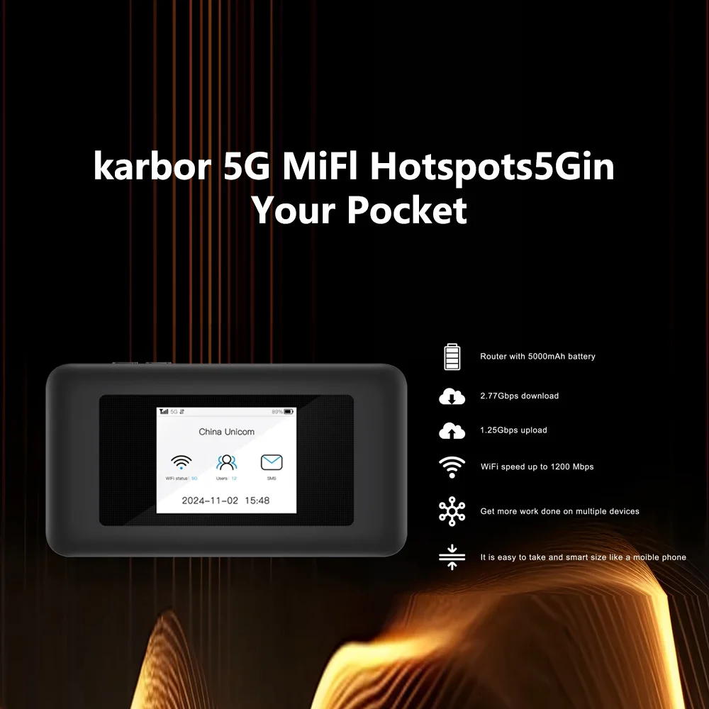 Karbor 5000mAh 5G Dual-Band Portable WiFi Router 72H Streaming Hotspot with SIM Slots for SOHO Supports VoIP and VPN