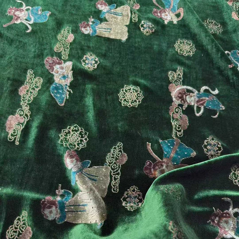 Blue Green Chinese Ancient Characters Embroideried Silk Velour Fabric for Sewing Silk Velvet Fabric for Warm Dress R6132