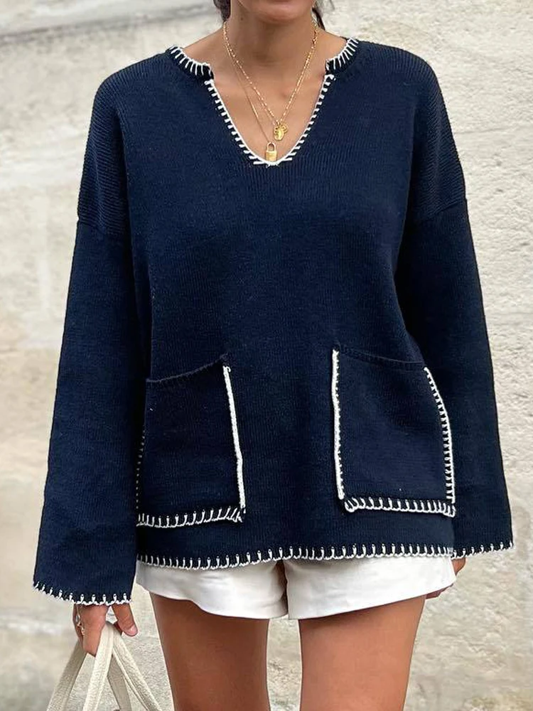 

Vintage Knitted Sweater Women Elegant Fashion Pullover Female Autumn Winter V-Neck Sweaters Ladies High Street Chic Jumpers