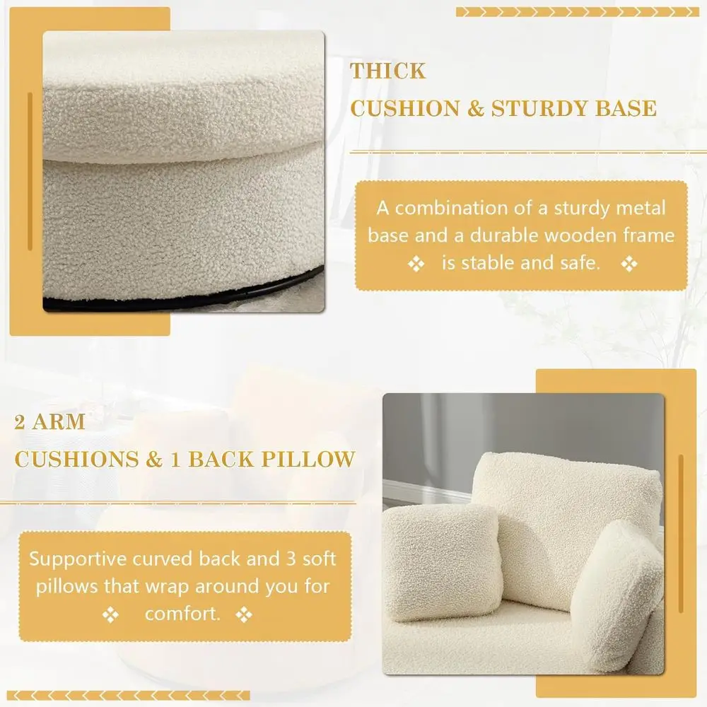 كرسي نادي دوار كبير الحجم باللون العاجي مع دوران 360 درجة و3 وسائد لغرفة المعيشة أو غرفة النوم أو المكتب