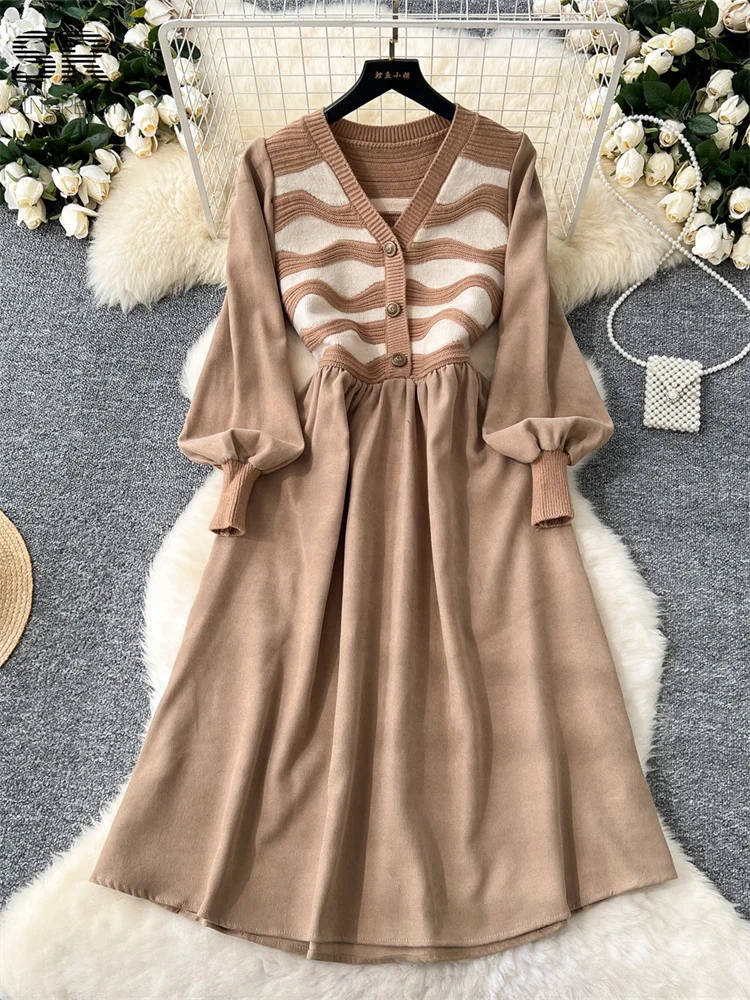 SINGREINY Winter Wavy Stripe Knitting Dress Women Long Sleeve V Neck High Quality Button Design Ladies Senior Sweater Dresses