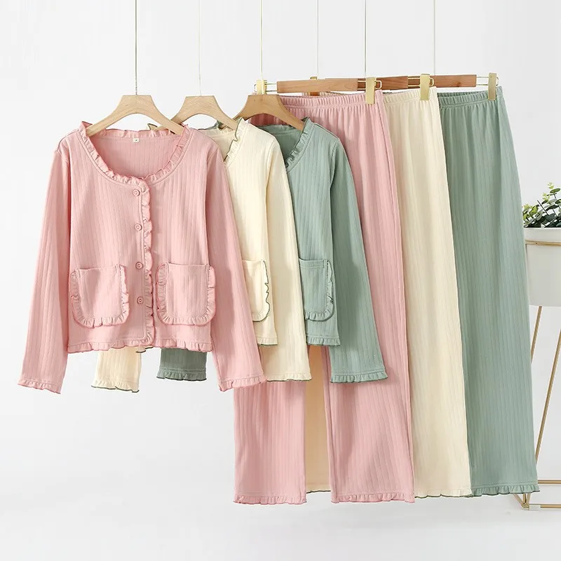 

Women's Pajamas Set Lingerie Female Knitted Cardigan Suit Nightie Lingerie Pyjamas Autumn New Long Sleeve Pijama Sleepwear