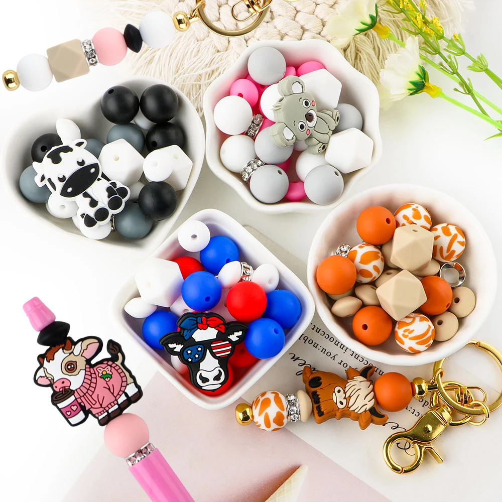 

Silicone Focal Beads Animals Printing Loose Beads Lentil Round Set Keychain Bracelet Necklace Accessories DIY For Jewelry