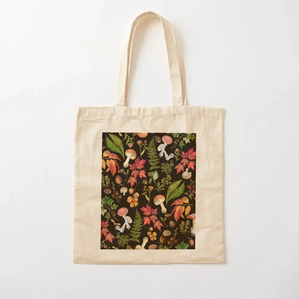 Vintage Midnight Mushrooms In Forest Botanical Pattern - Black Botanical Night Garden Tote Bag tote bag canvas Handbags Tote Bag