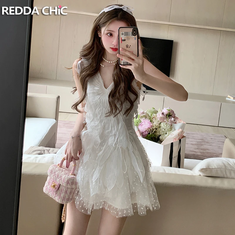 ReddaChic Embroidery Petal Patchwork Puffy Mini Dress Women Princess White Lace V-neck Sleeveless Medieval Retro One-piece Dress