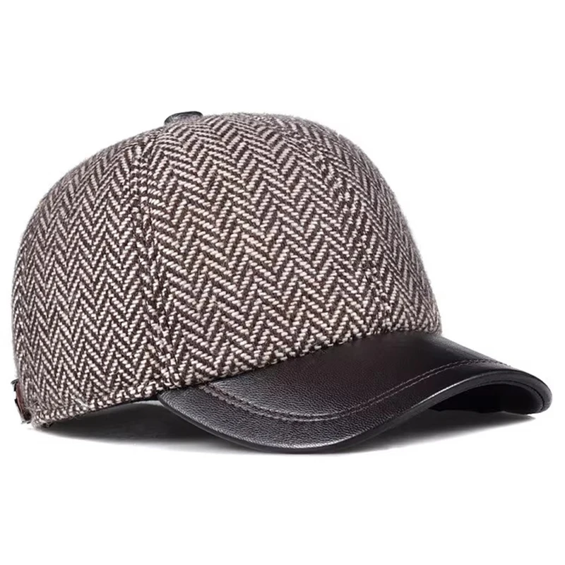 Hot Sale 2025 Autumn Winter Baseball Cap Head Layer Real Sheepskin Leather Baseball Cap Men's Hat Casual Leather Wool Splicing