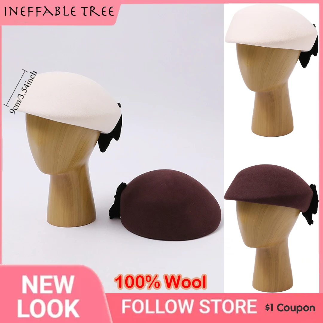 French Autumn Winter Pure Wool Blocked Bow Beret Hats for Women Men Elegant Pumpkin Berets Ladies Wedding Painter Pillbox Caps