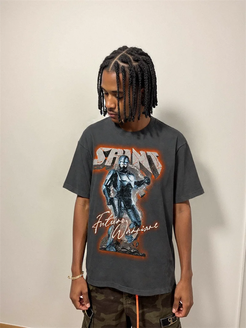 

Vintage High Quality Saint American Summer Letter Printed Short Sleeve High Street Loose Casual Oversize Round Neck T-shirt