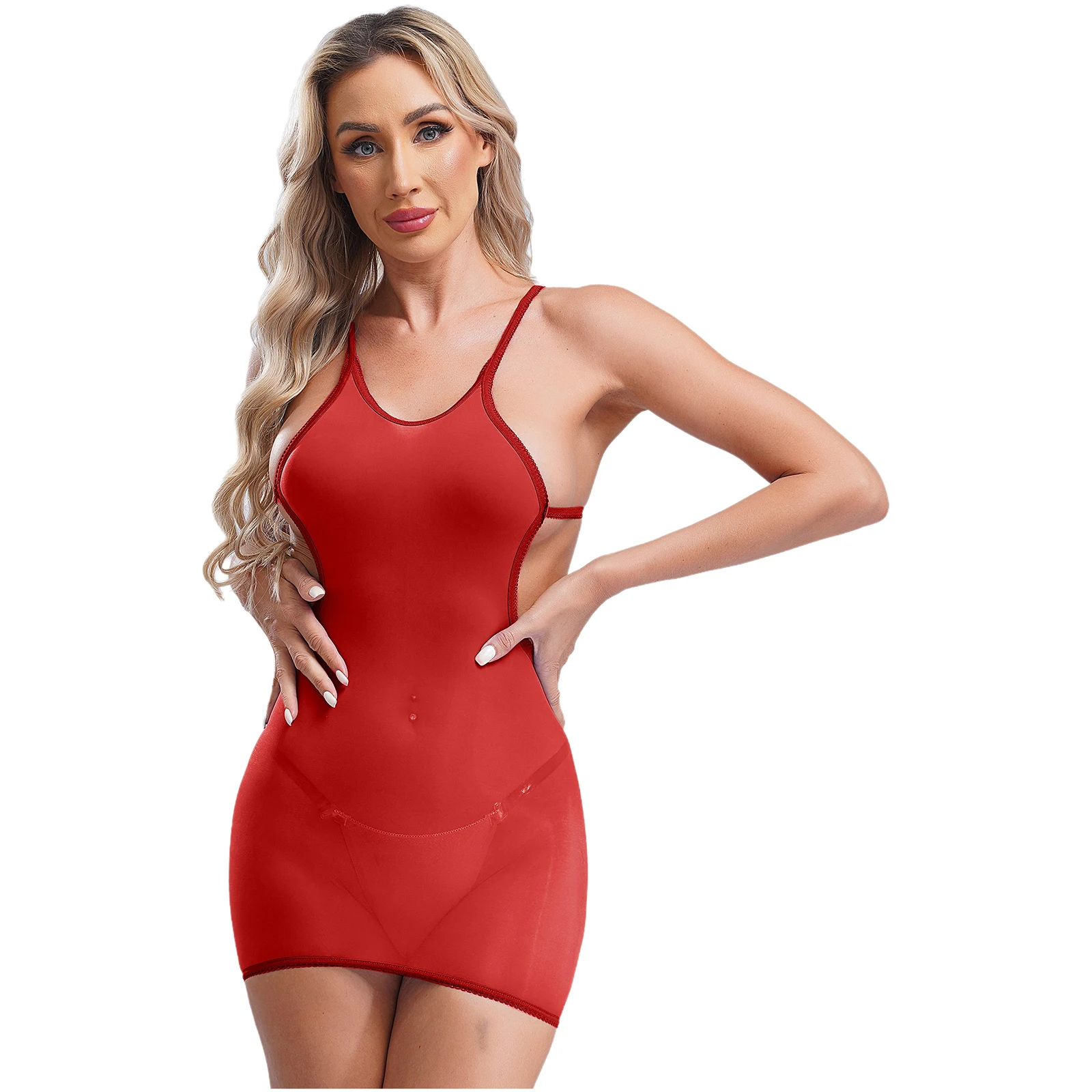 

Women Flirting Sexy Lingerie Dress Sleeveless Backless Mesh Mini Dress Sexy Cutout Ring Linked Open Back Erotic Mini Dress
