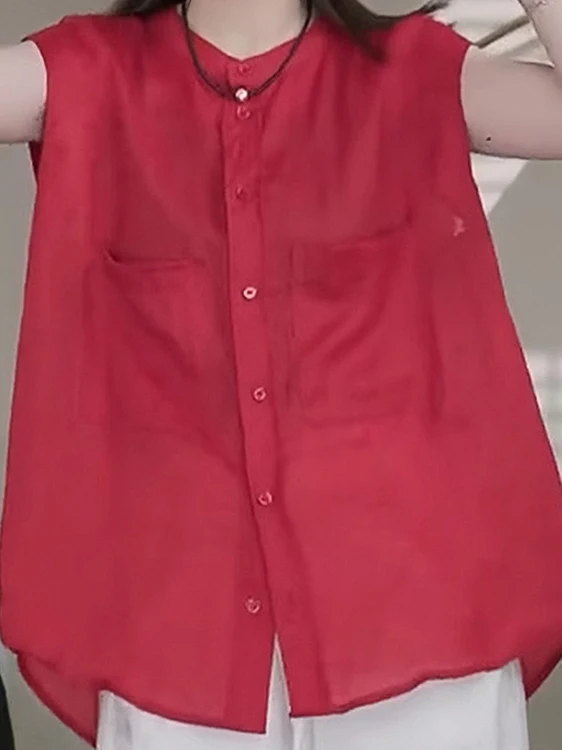 

Красный льняной топ, женский летний новый свободный тонкий топ без рукавов, элитный корейский топ с окантовкой, не вызывающий старение