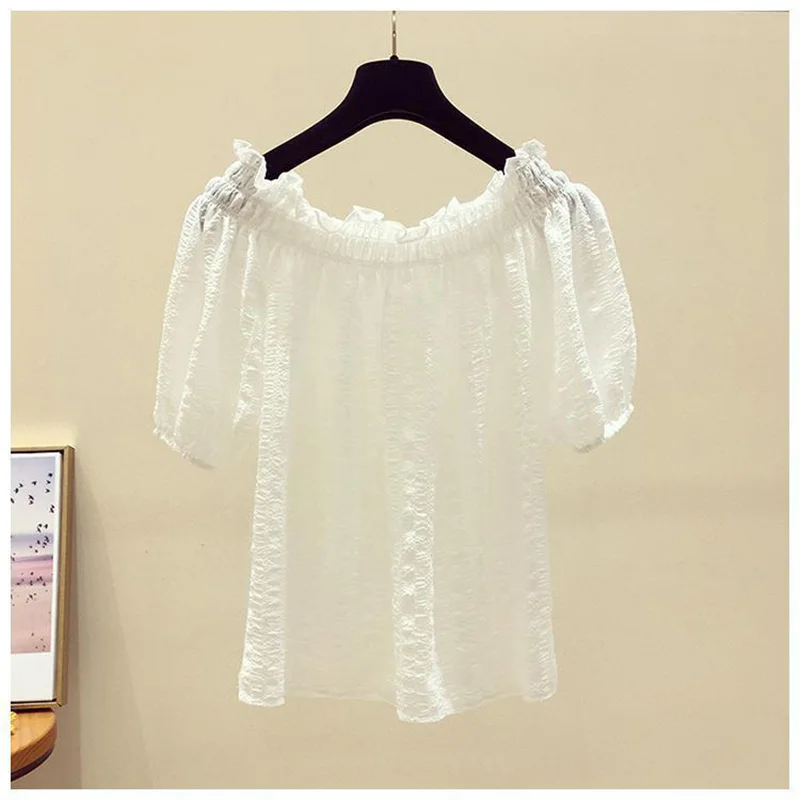 Elegant Slash Neck Ruffles Folds Short Sleeve Chiffon Shirt Fashion Solid Color Commute Women Clothing Blouse Casual Pullovers