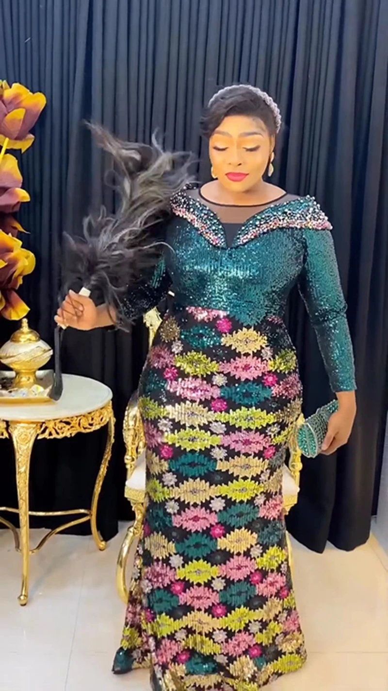 

2025 NEW Luxury Evening Maxi Dresses African Sequin Mermaid Party Gowns Elegant Long Sleeve Bodycon Wedding Birthday Dress