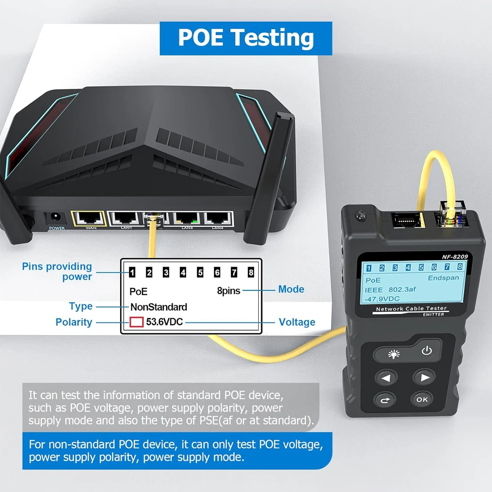 NOYAFA NF-8209 Cable Tracker LCD Display Network Cable Tester Measure Length Wiremap Tester Cat5 Cat6 PoE Tester Network Tools