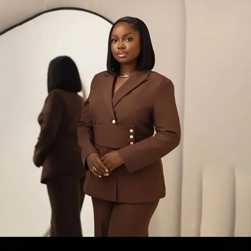 

Elegant Women Blazer Sets Formal Brown Single Breasted Peak Lapel Customzied 2 Piece Jacket Pants Outfits Female Clothing Suits