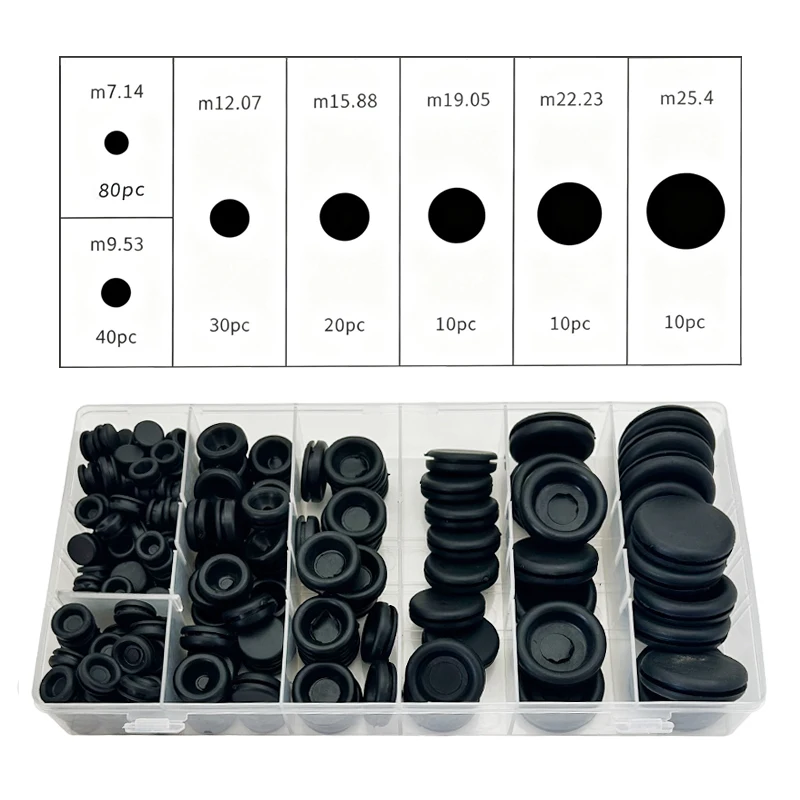 200Pcs Black Rubber Grommet Assortment Sizes M7.14/M9.53/M12.07/M15.88/M19.05/M22.23/M25.4 Dustproof Wire Protection Hole Rings