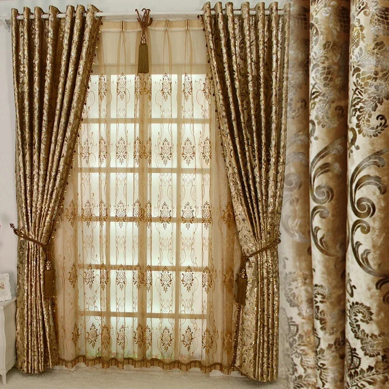 Borduurgordijnen voor woonkamer, eetkamer, slaapkamer, luxe gouden Europese print, hoge verduistering